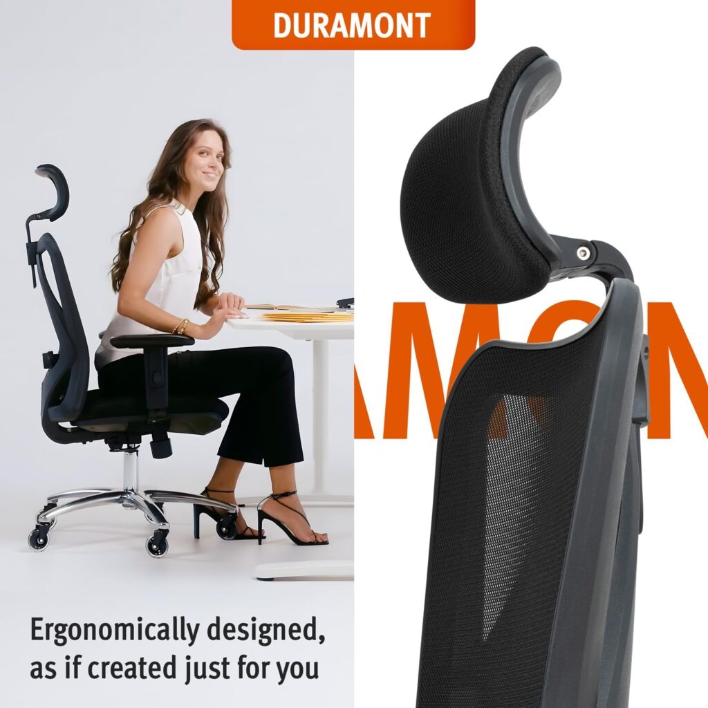 Duramont ergonomic adjustable office chair with rollerblade wheels, headrest, and adjustable lumbar support for home office.