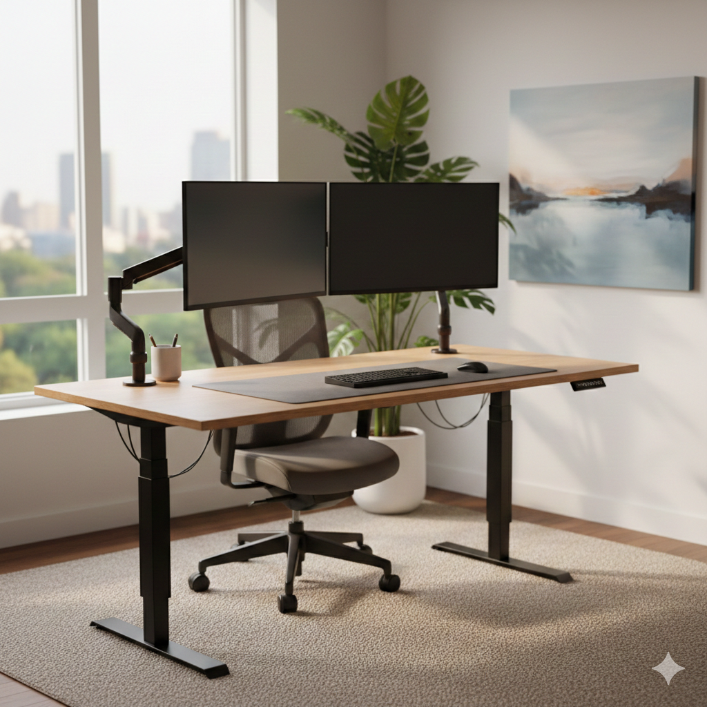 5 Best Electric Standing Desks Of 2026: In-Depth Reviews & Buyer’s Guide Modern ergonomic standing desk setup with dual monitors