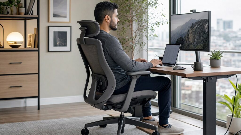 Professional seated in an ergonomic office chair at a home workstation for long work hours guide