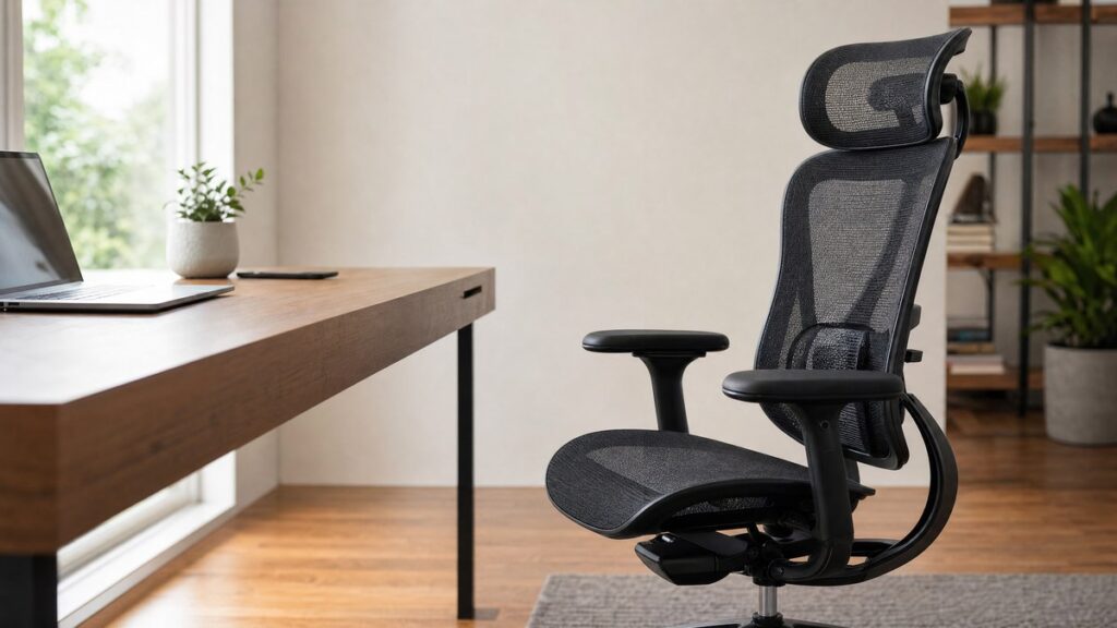 Realistic ergonomic office chair beside a clean home office desk for back pain buying guide