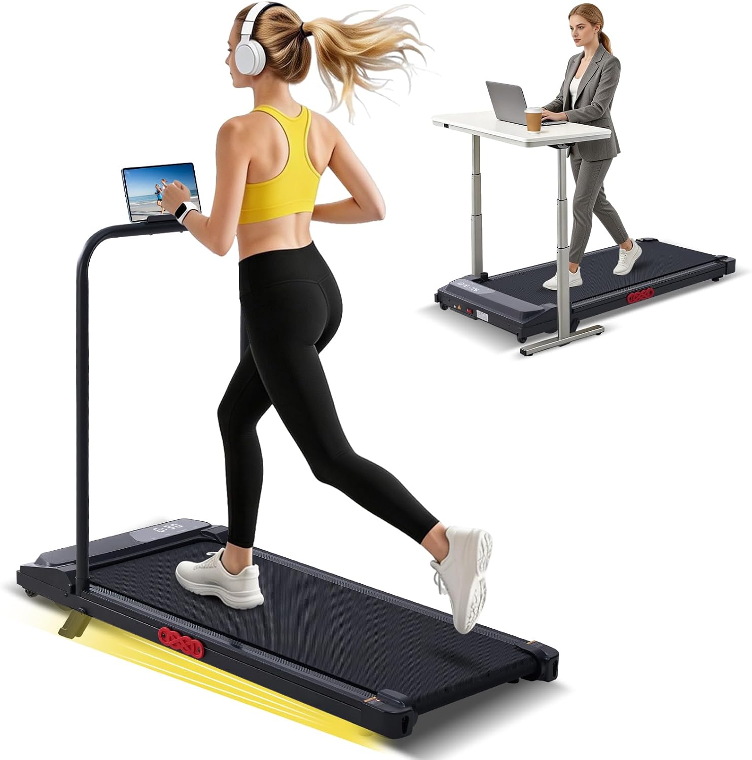 HaHbHc walking pad treadmill with handle bar and incline, black